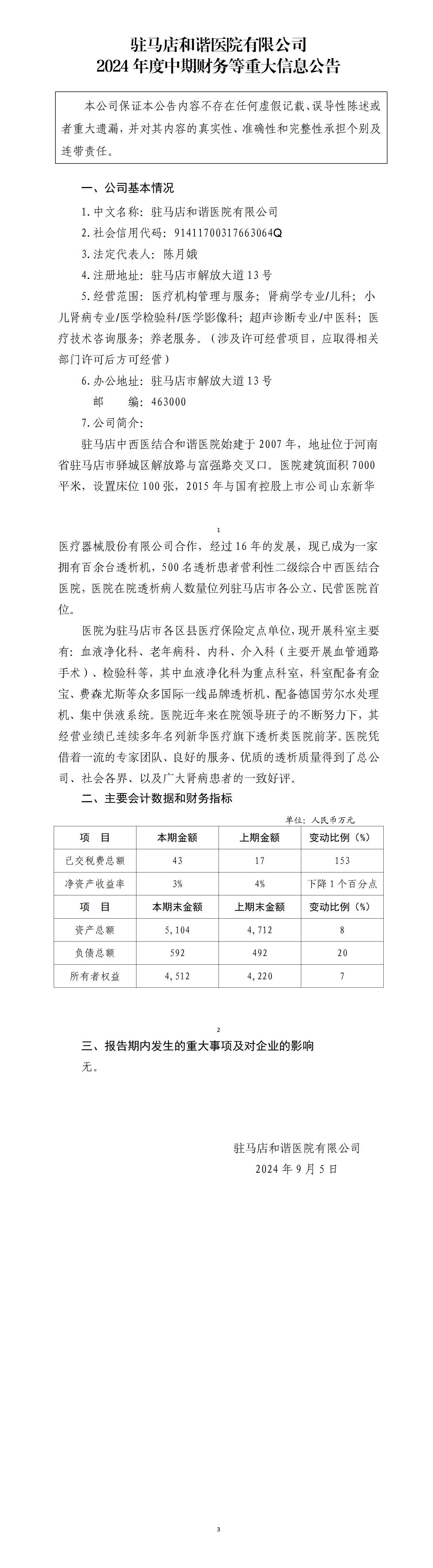 驻马店和谐医院有限公司2024年中期财务等重大信息公告_01.jpg
